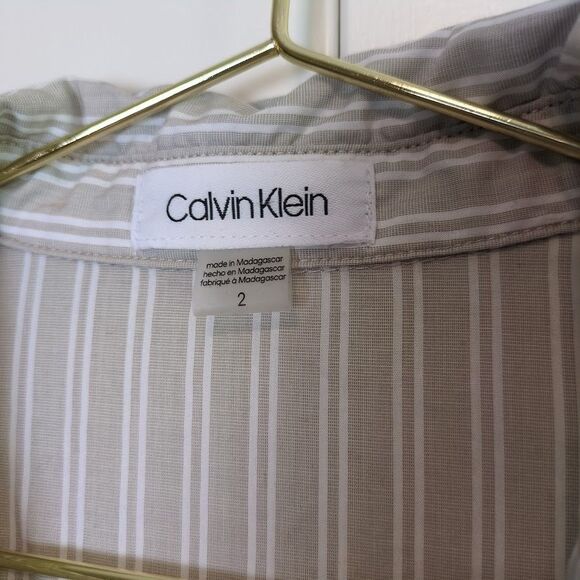 CALVIN KLEIN WOMEN'S 2 GRAY WHITE STRIPE FIT FLARE BUTTON DOWN DRESS - Picture 3 of 7